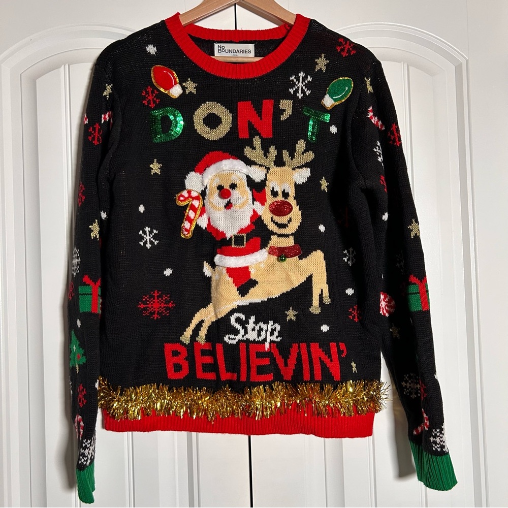 No Boundaries Ugly Christmas Sweater Women Large "Dont Stop Believing" Festive